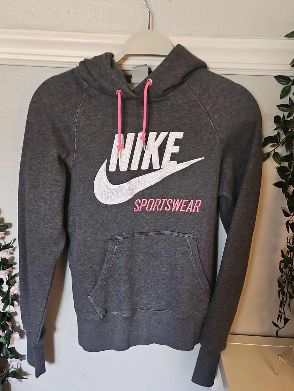 Nike Dark Gray Hoodie with Pink Drawstrings and White Logo
